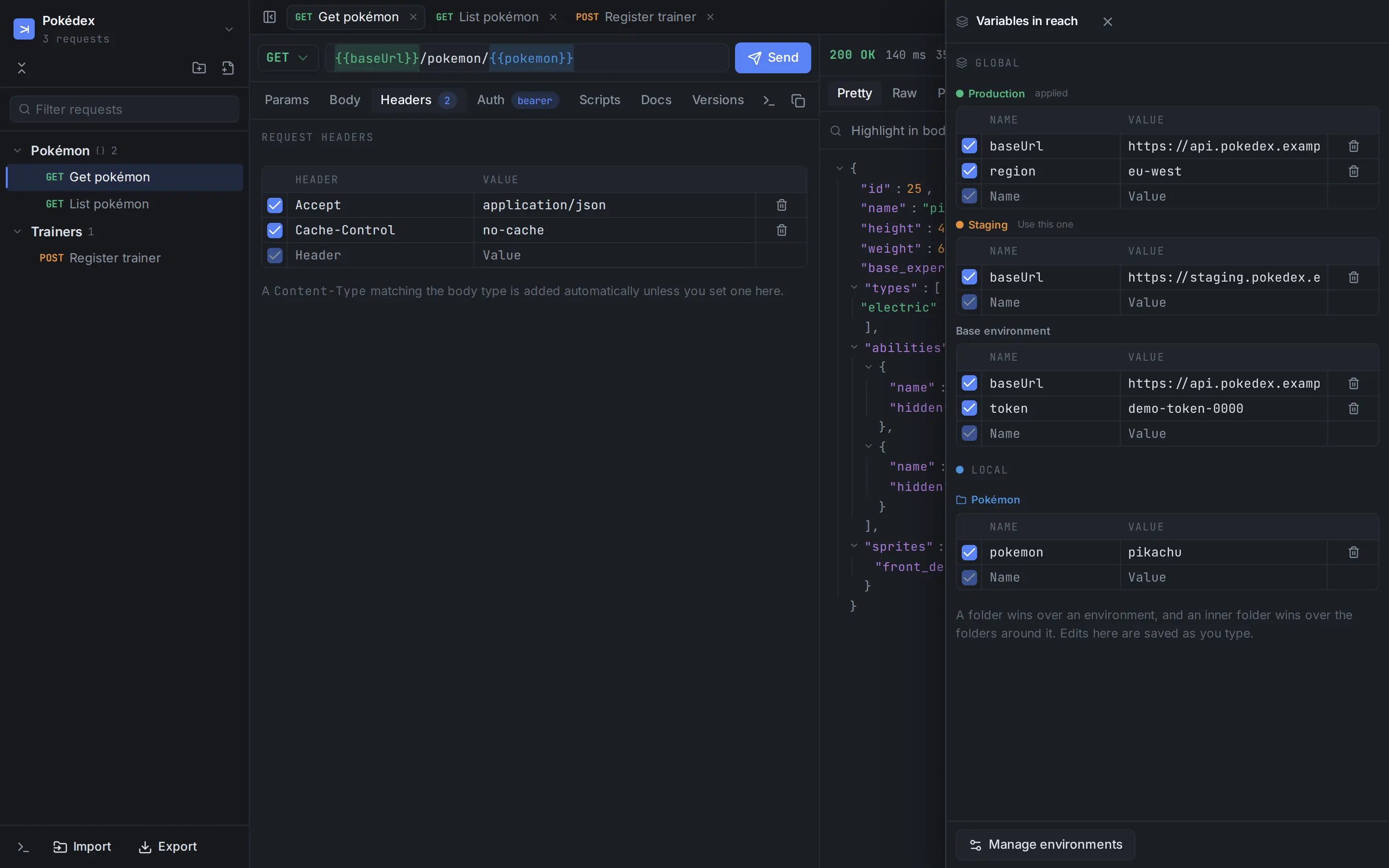 The environments drawer open beside the request, listing Base, Staging and Production with their variables.