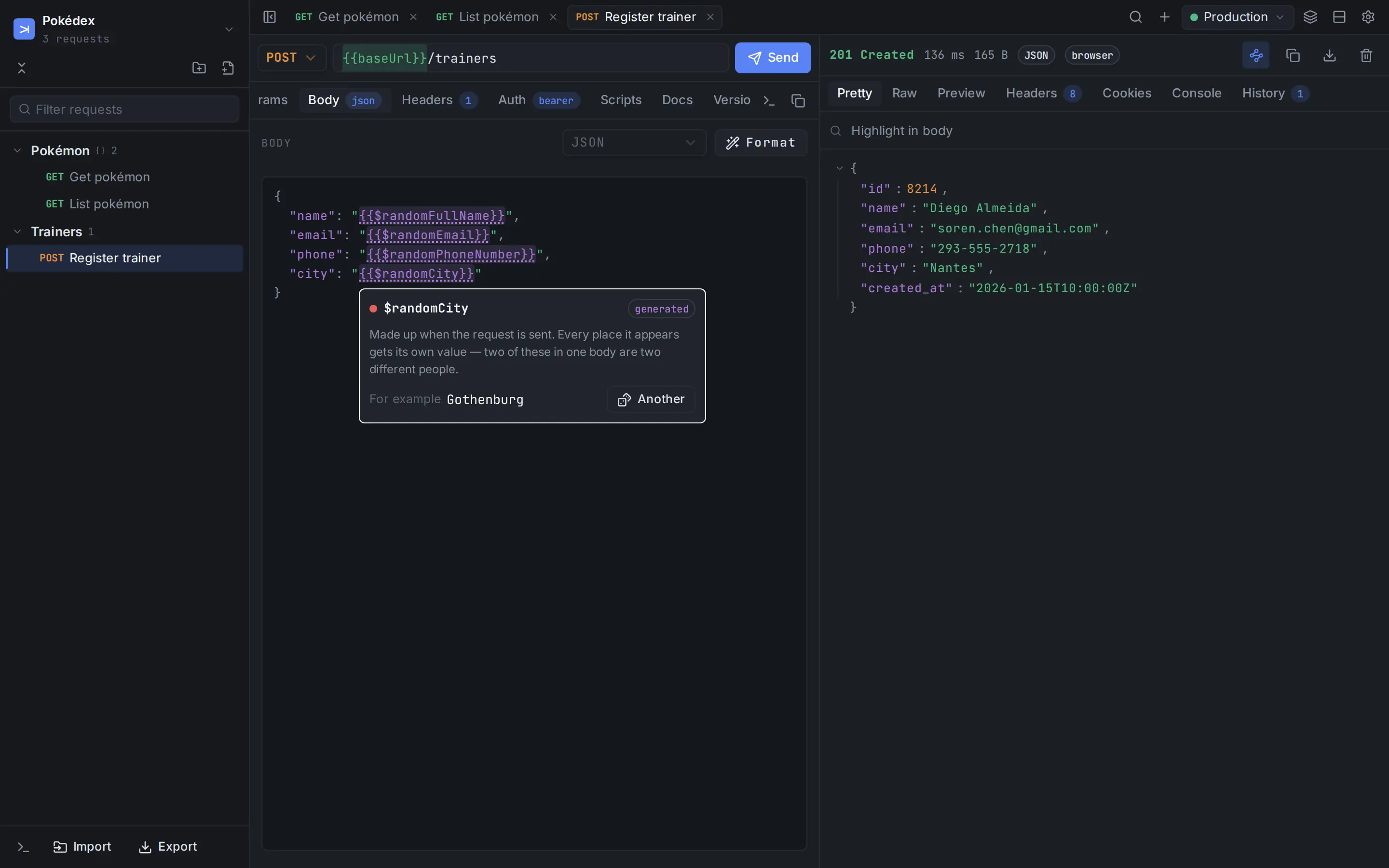 A JSON body using generated variables, with a popover explaining one of them and the response showing the values that were sent.