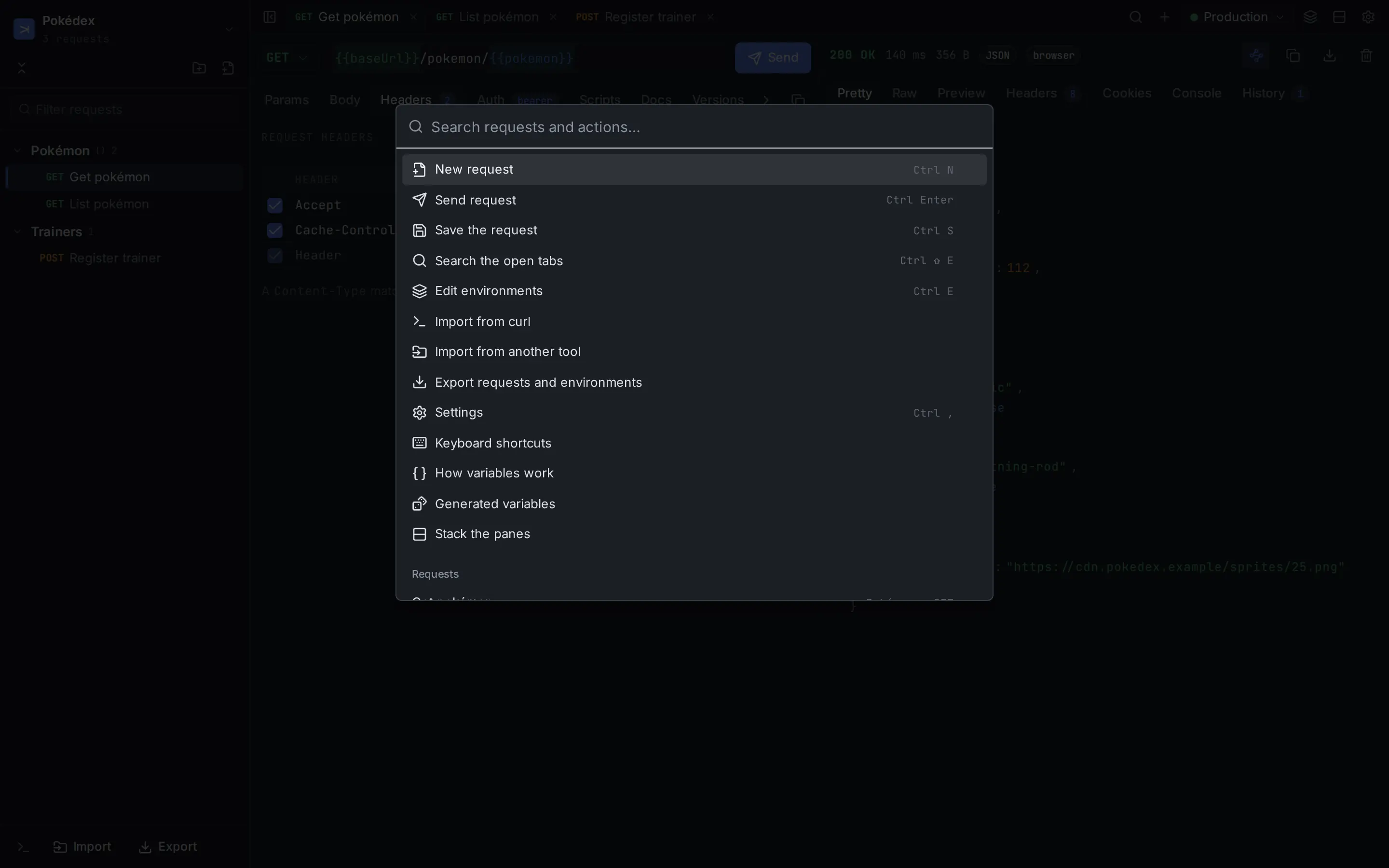 The command palette open over the workbench, filtering requests as you type.