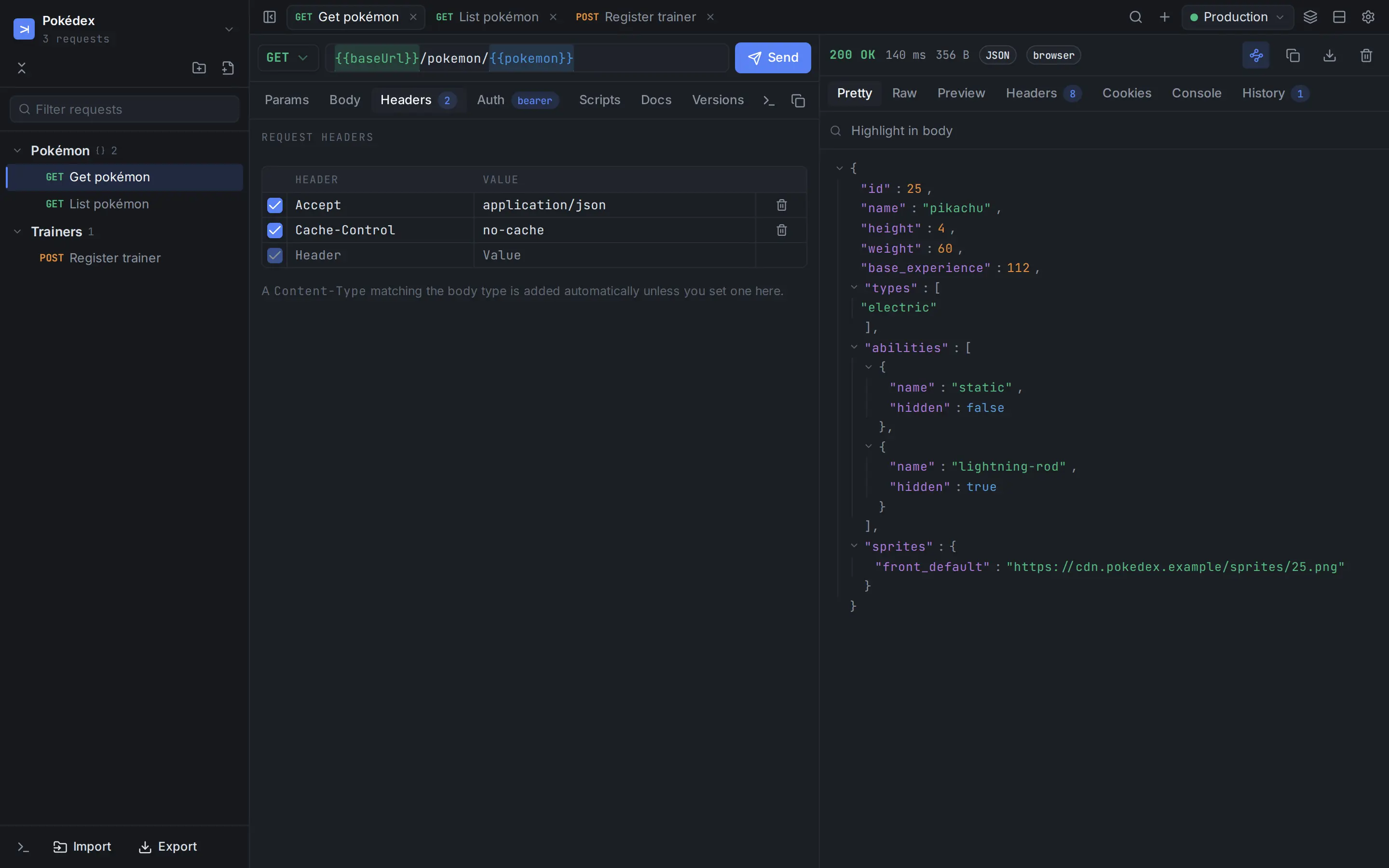The Carom window: a workspace tree on the left, a GET request with its headers in the middle, and the formatted JSON response on the right.