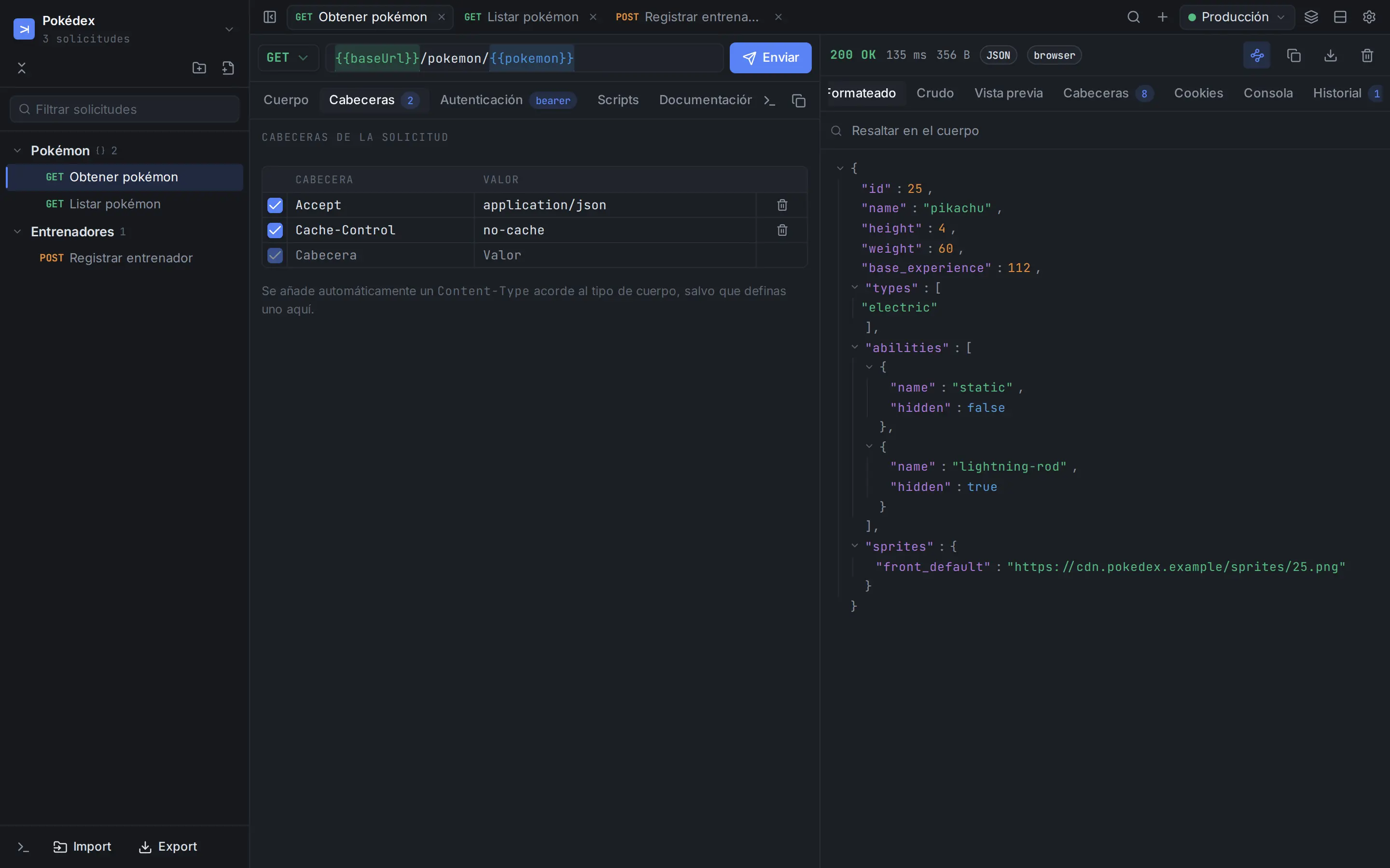 La ventana de Carom: el árbol del espacio de trabajo a la izquierda, una solicitud GET con sus cabeceras en el centro y la respuesta JSON formateada a la derecha.