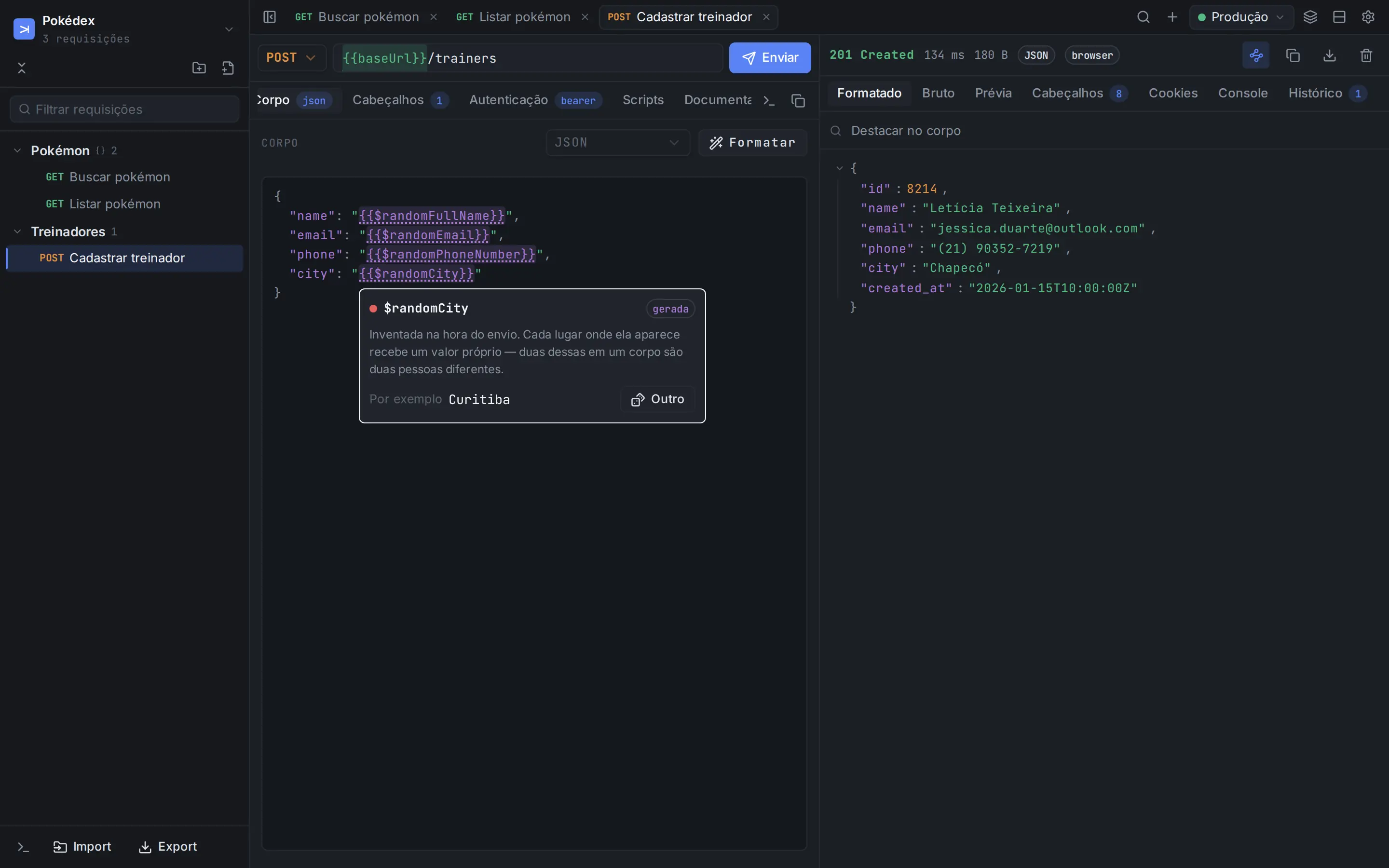 Um corpo JSON com variáveis geradas, um popover explicando uma delas e a resposta mostrando os valores que foram enviados.