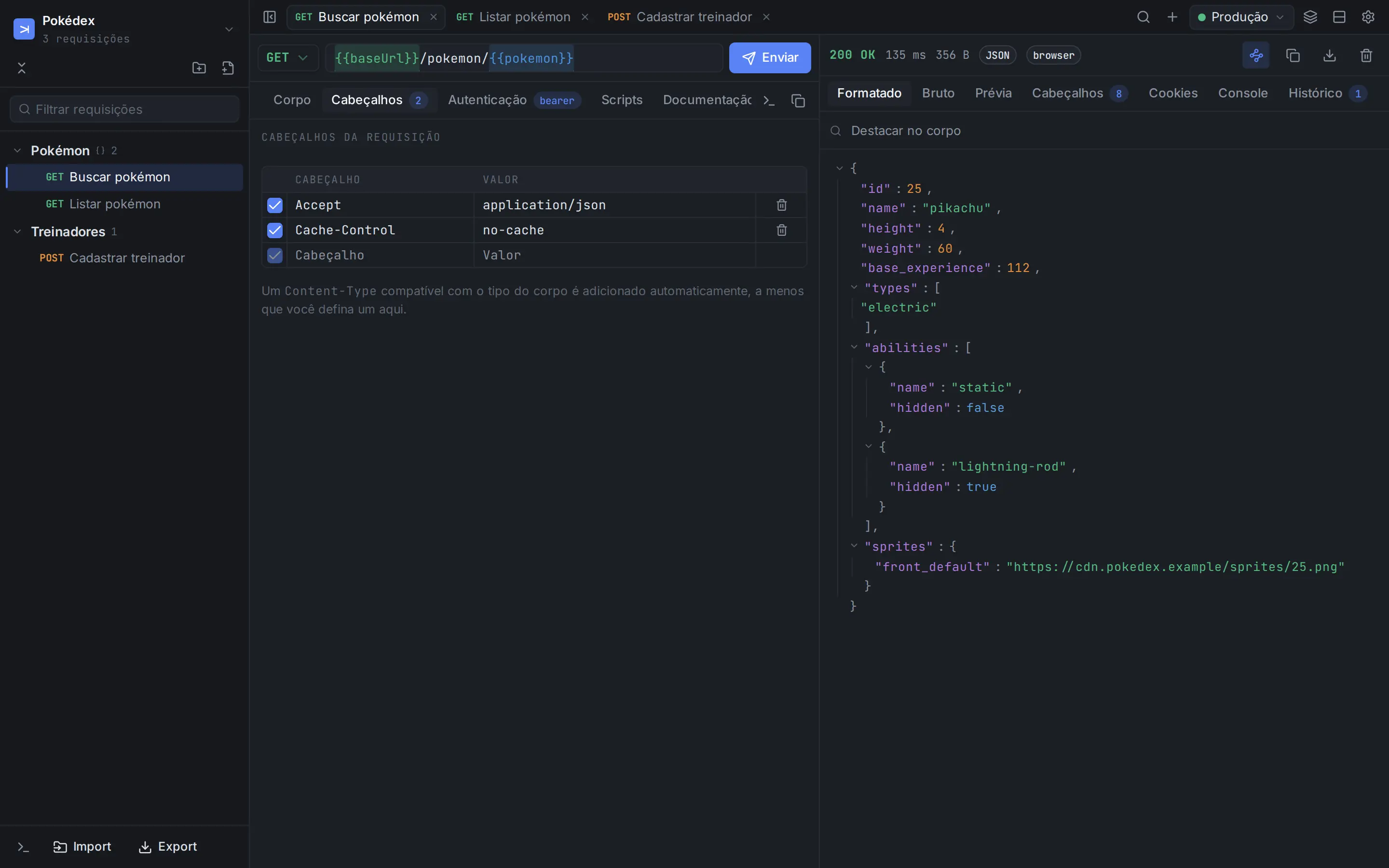 A janela do Carom: a árvore do workspace à esquerda, uma requisição GET com seus cabeçalhos no meio e a resposta JSON formatada à direita.